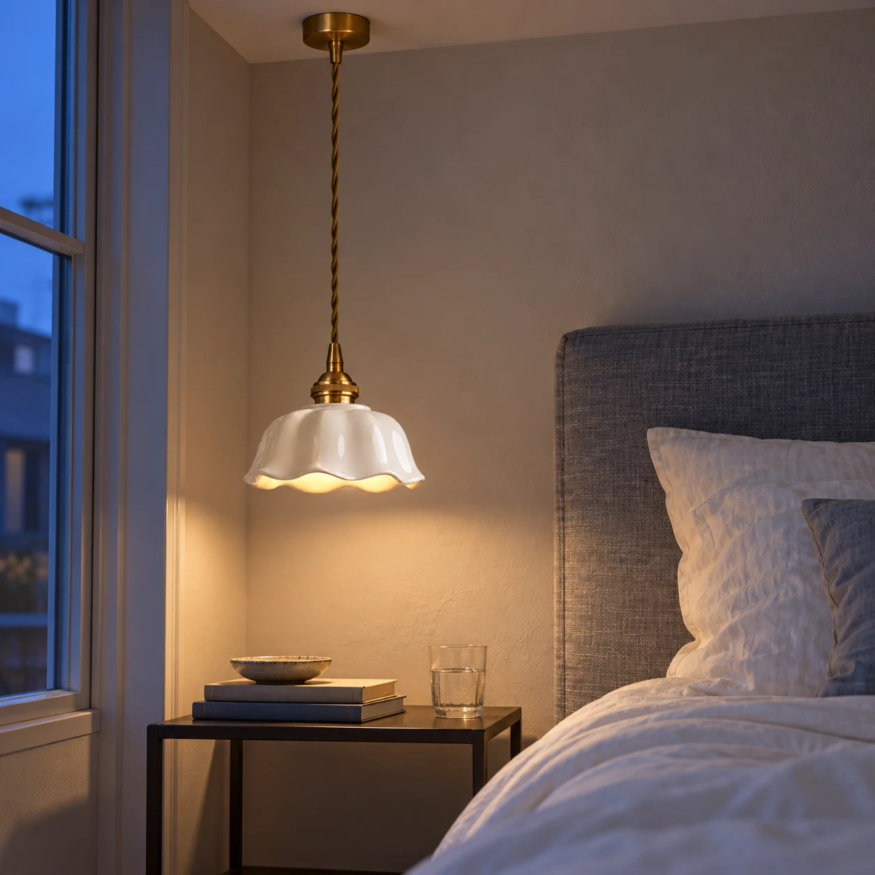 Florielle pendant beside a bed at blue hour