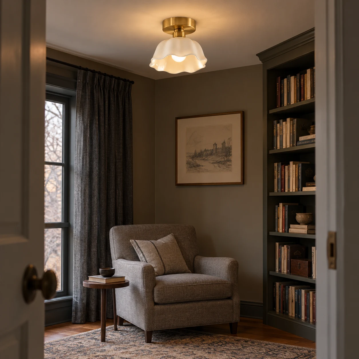 Florielle flush mount in a quiet home library