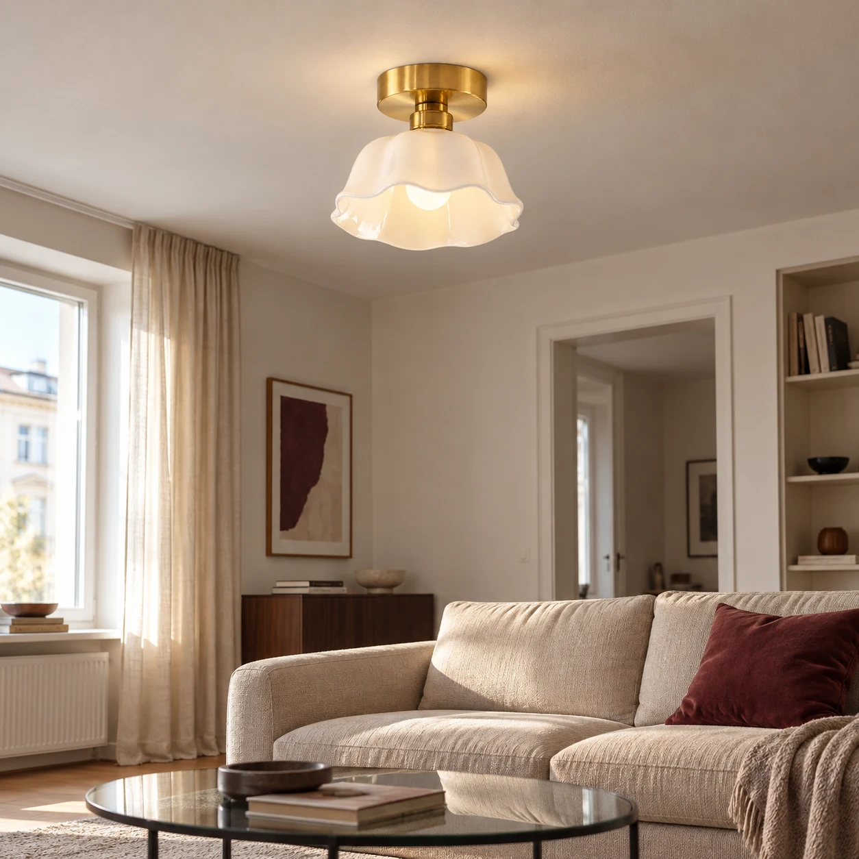 Florielle flush mount in a restrained living room