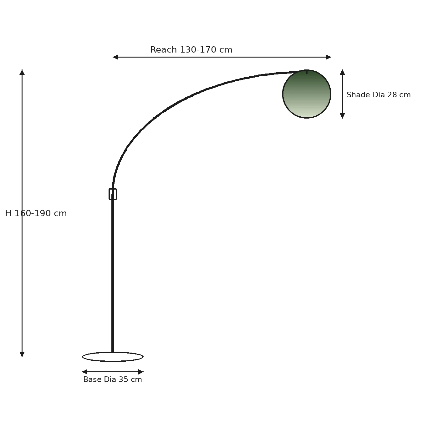 Dimension drawing, H 160-190 cm and reach 130-170 cm
