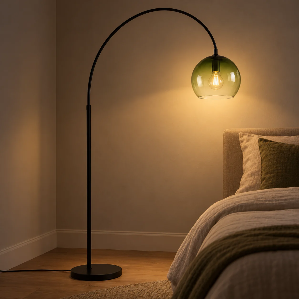 Arden floor lamp glowing beside a bed at night