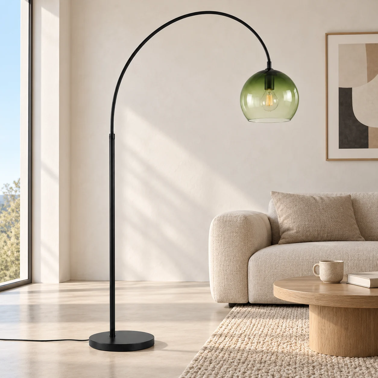 Arden arched green glass floor lamp in a light living room