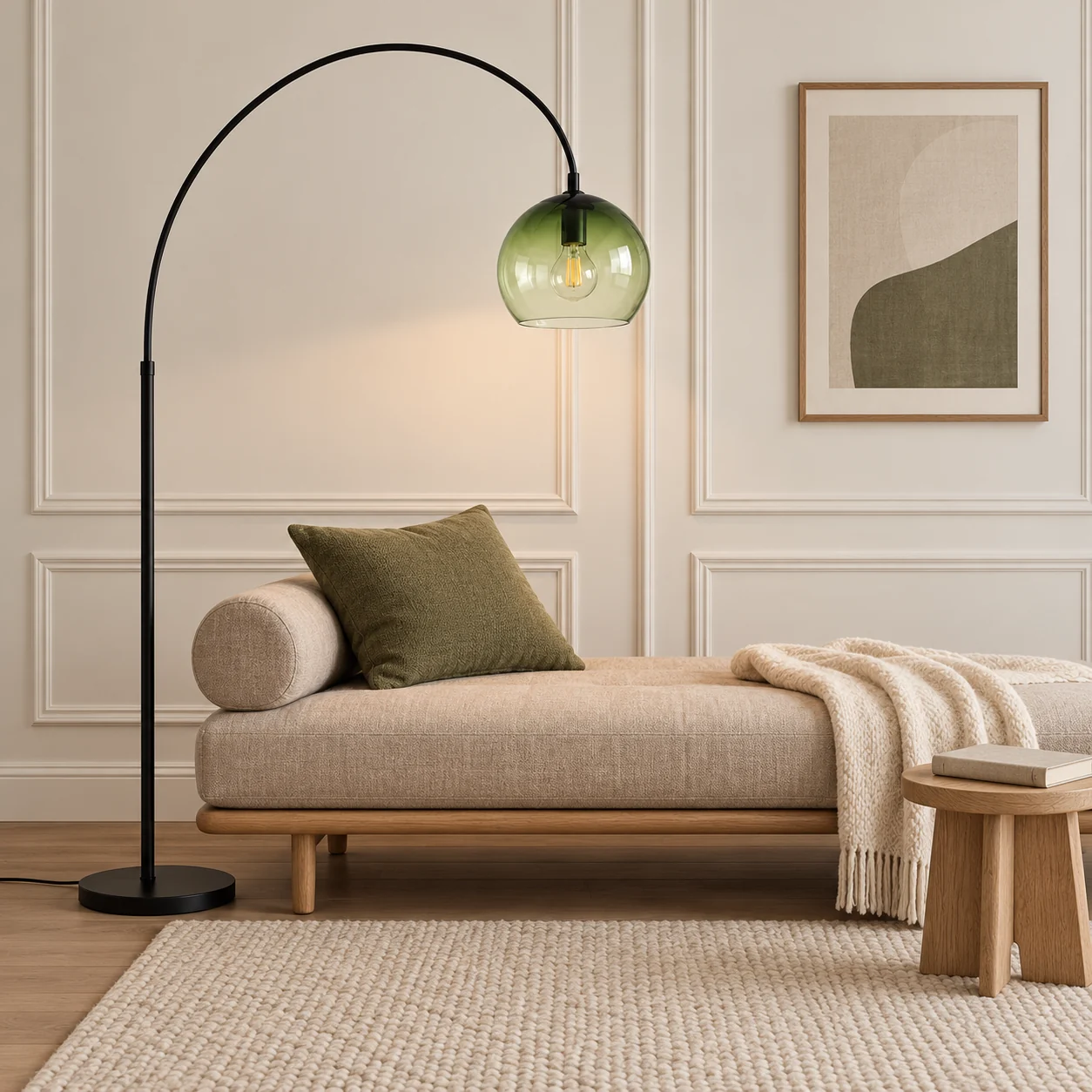 Arden floor lamp beside a linen daybed
