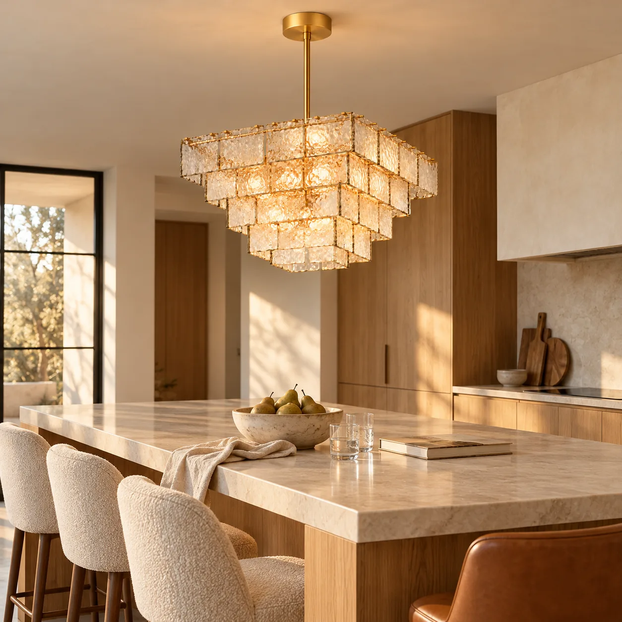 Square glass chandelier centered over a kitchen island