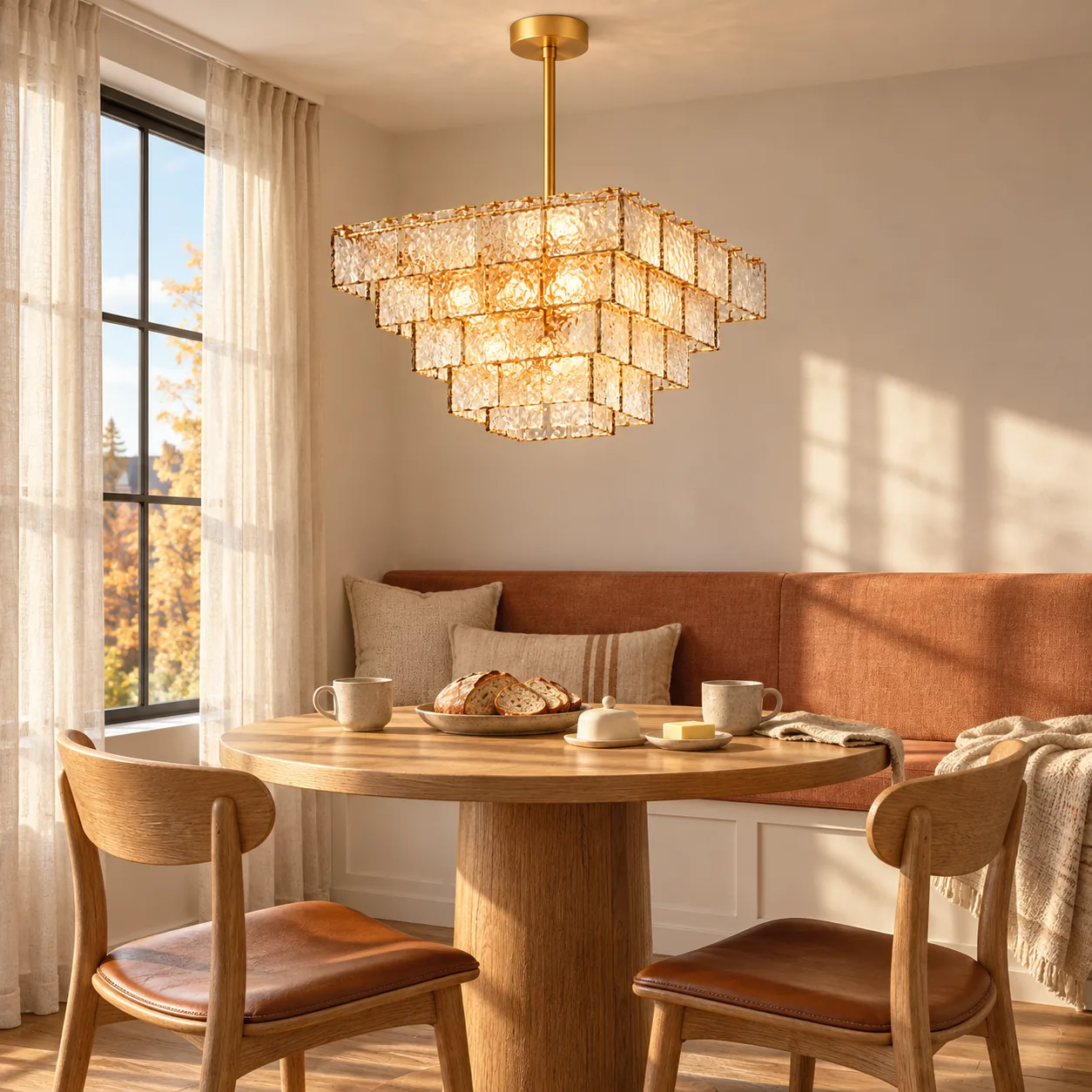 Square glass chandelier above a round breakfast table