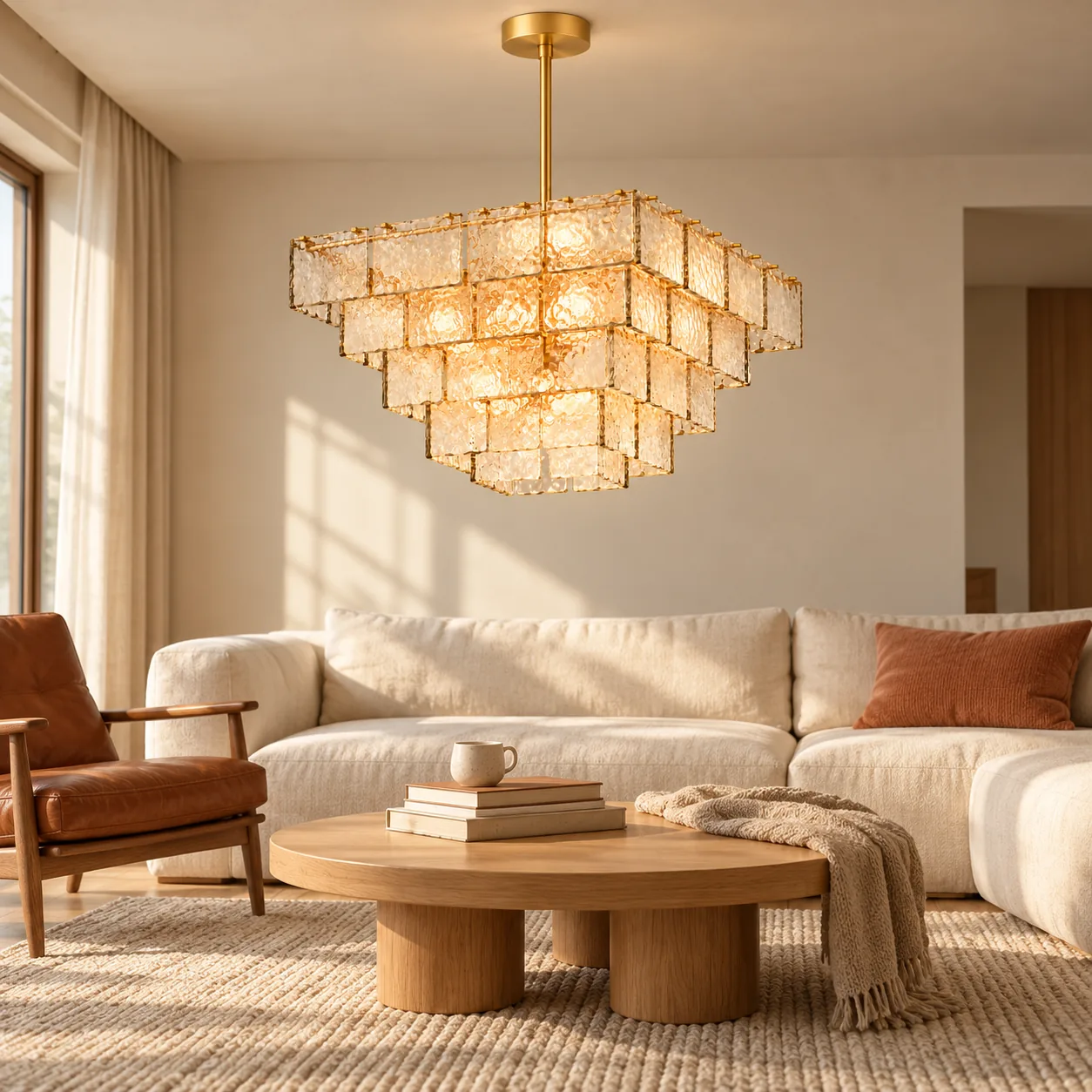 Chandelier above a sofa and cognac chair