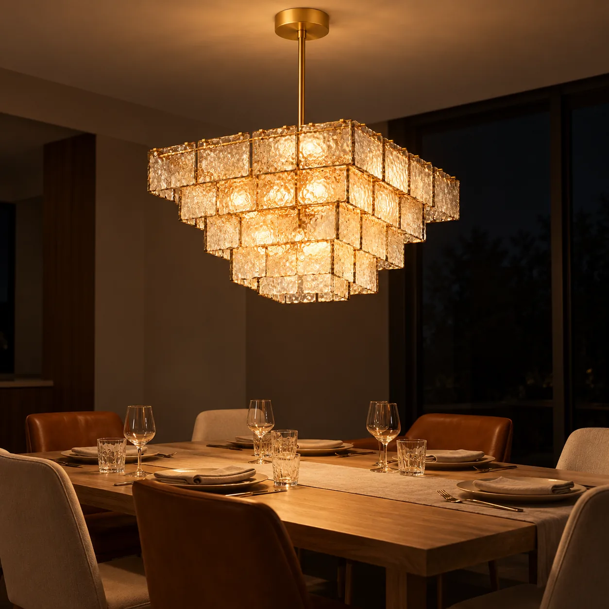 Chandelier glowing at night