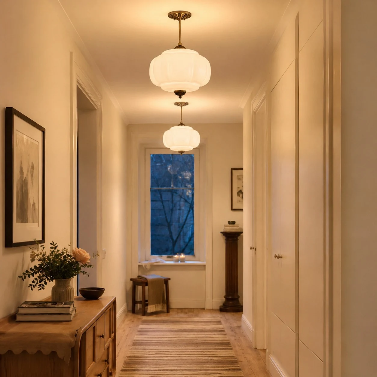 White glass ceiling lights along a hallway