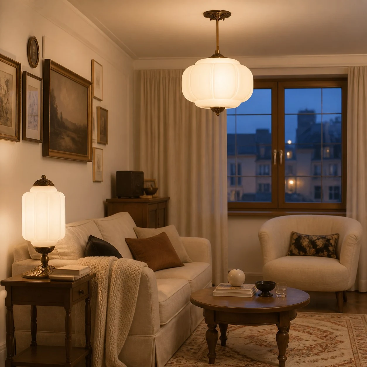 White glass ceiling light in a warm evening living room