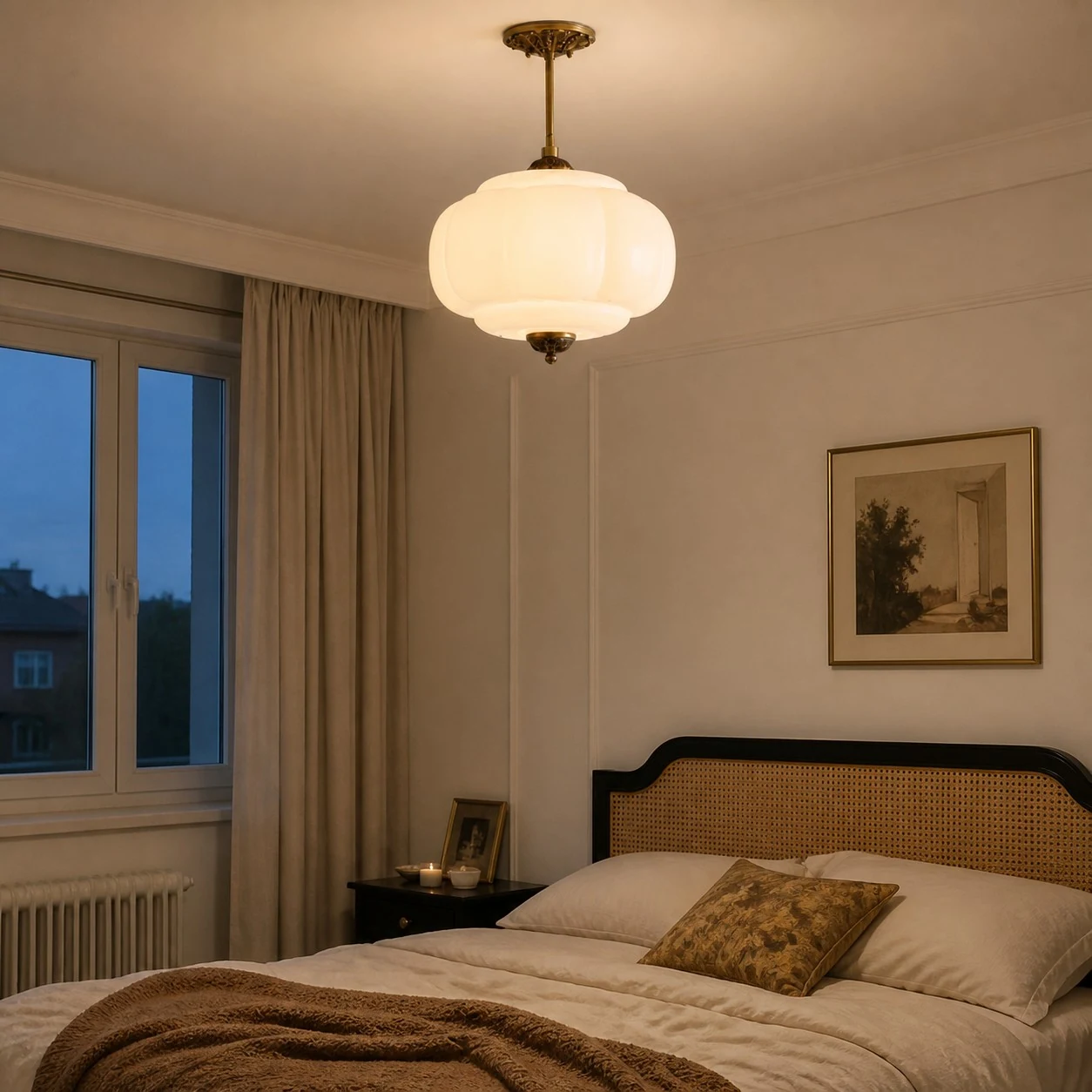 White ribbed glass ceiling light above a warm bedroom setting