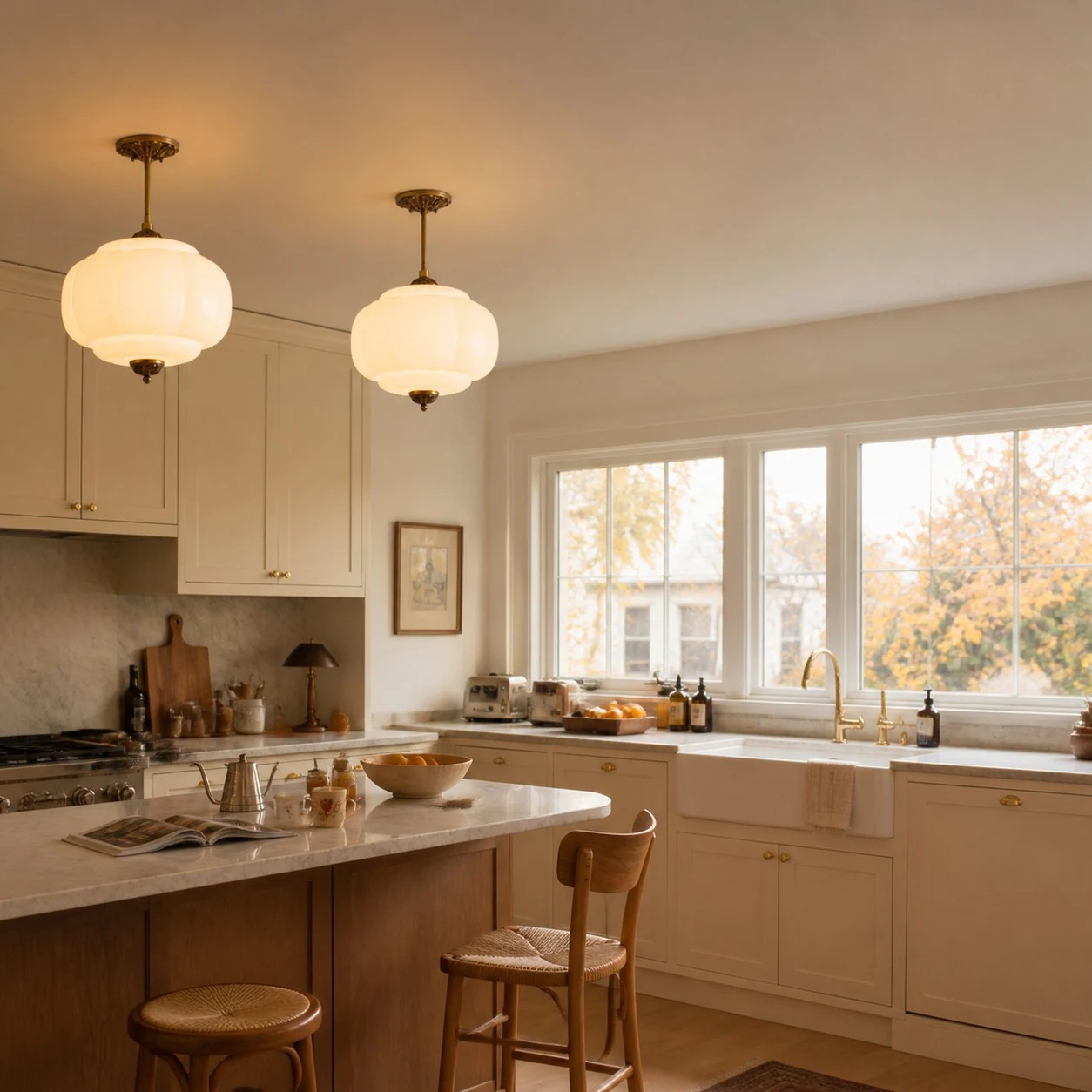 White glass ceiling lights above a kitchen island