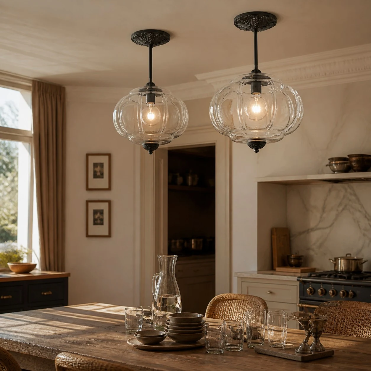 Clear ribbed glass ceiling lights in a dining room