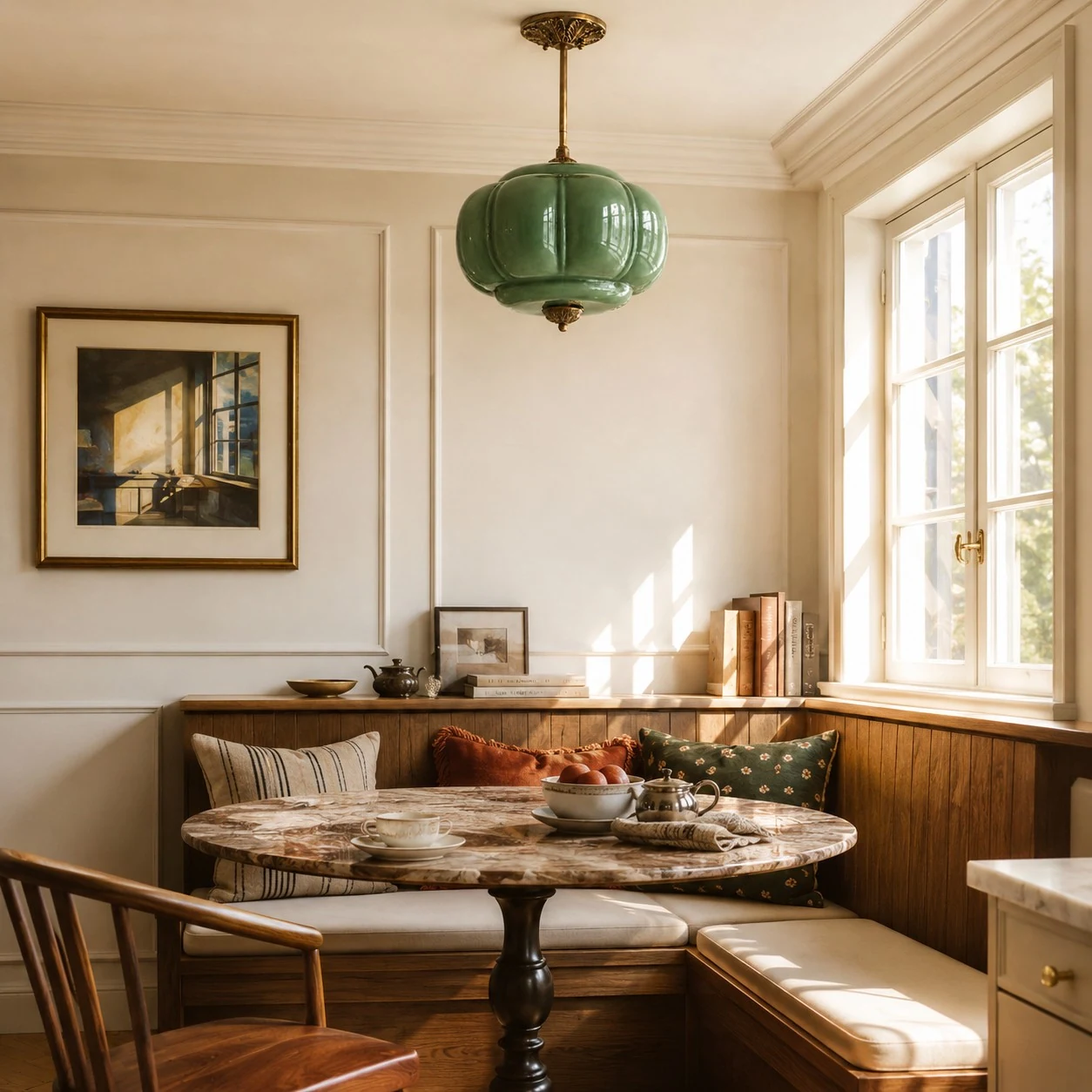 Green glass ceiling light above a dining nook