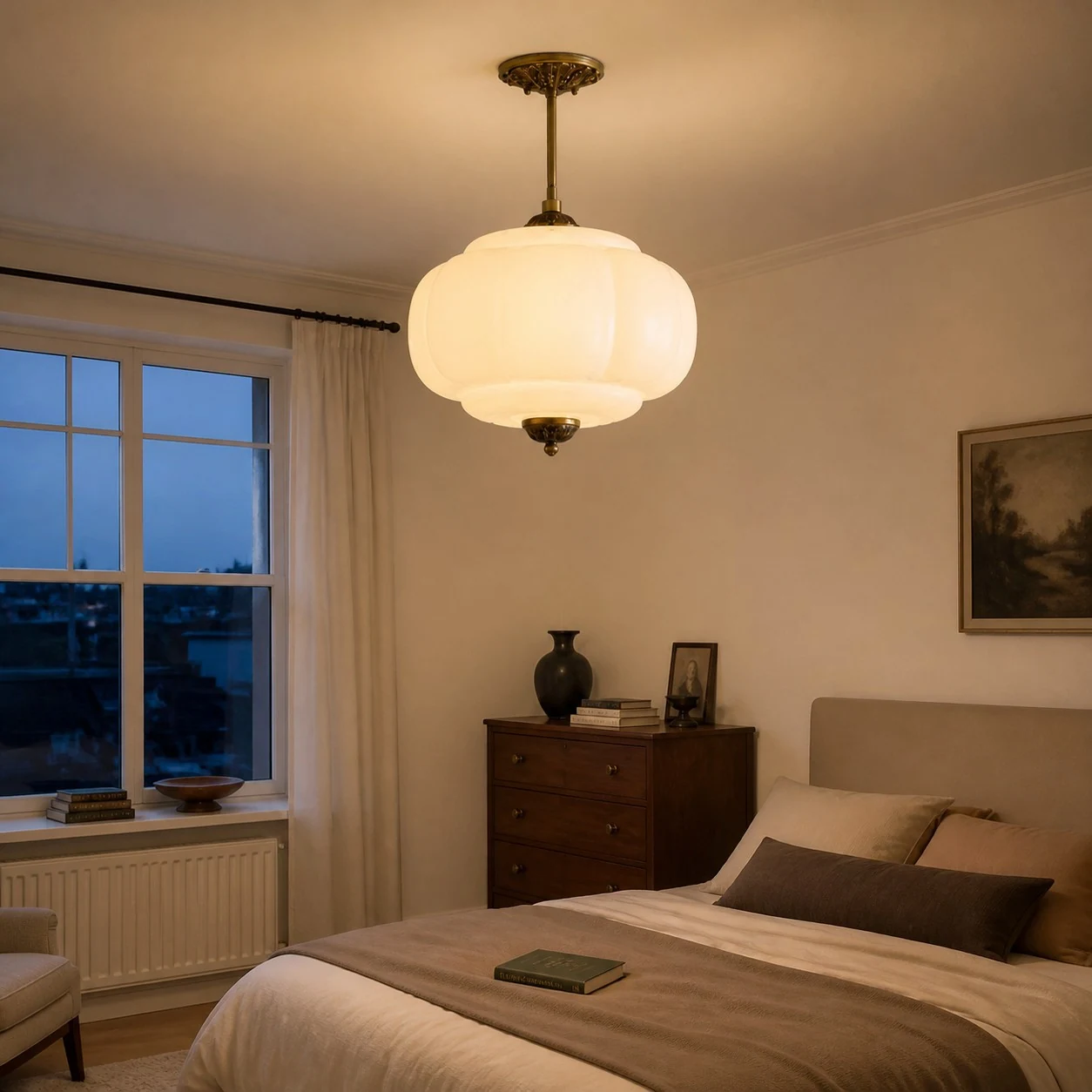 White ribbed glass ceiling light illuminating a calm bedroom