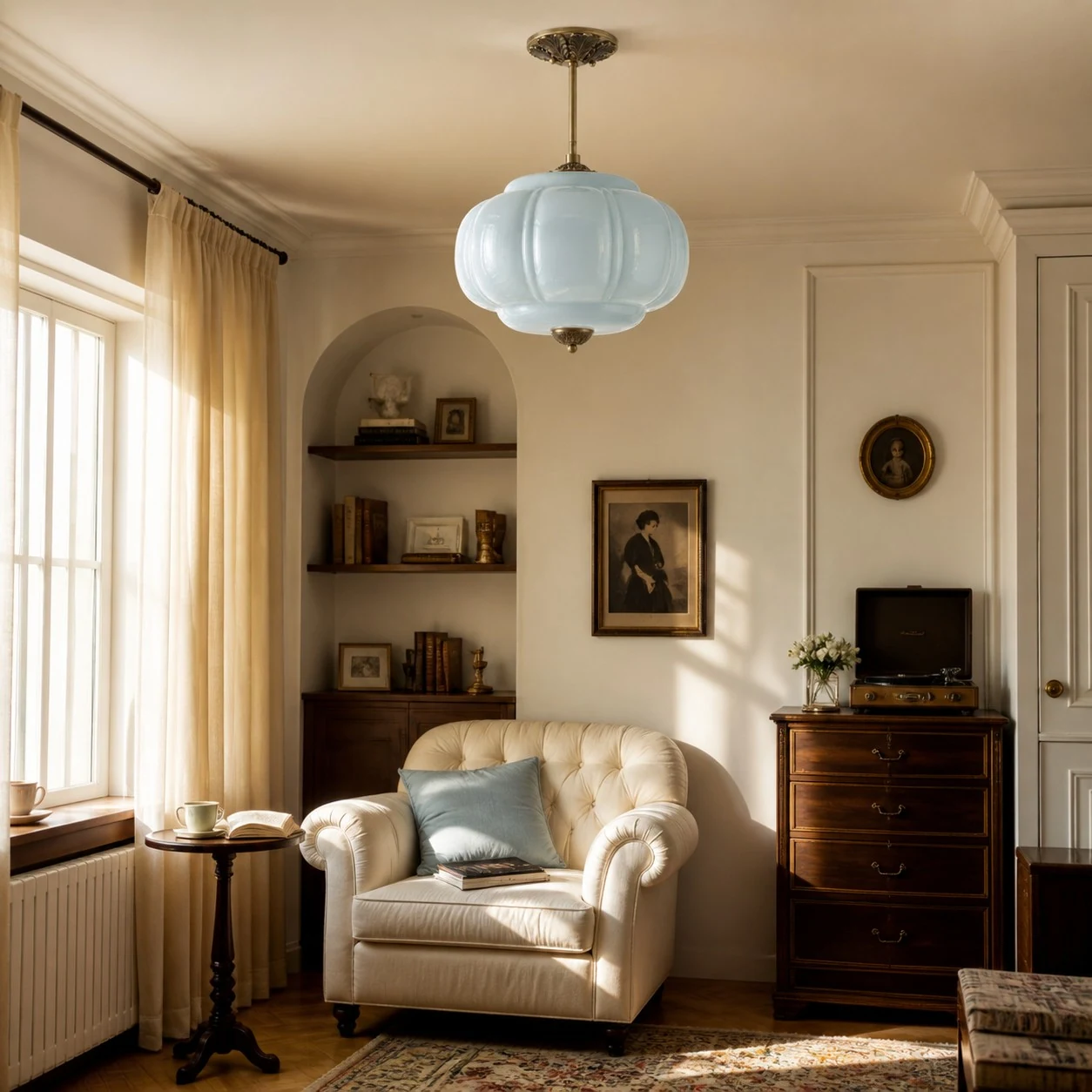 Blue glass ceiling light in a quiet reading corner